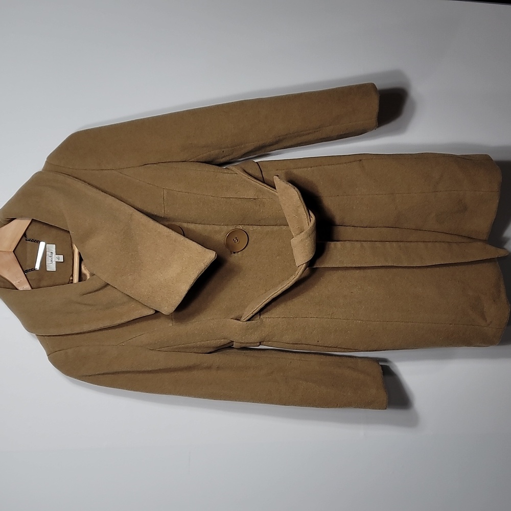 Neimann Marcus Wool Blend Button Tan Belted Trench Coat